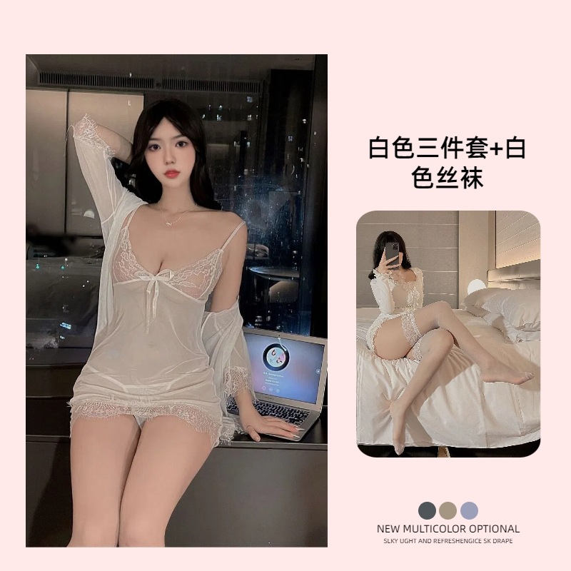 흰색 [파자마 + 잠옷 + 벨트 + 속옷] + 흰색 무릎위 스타킹