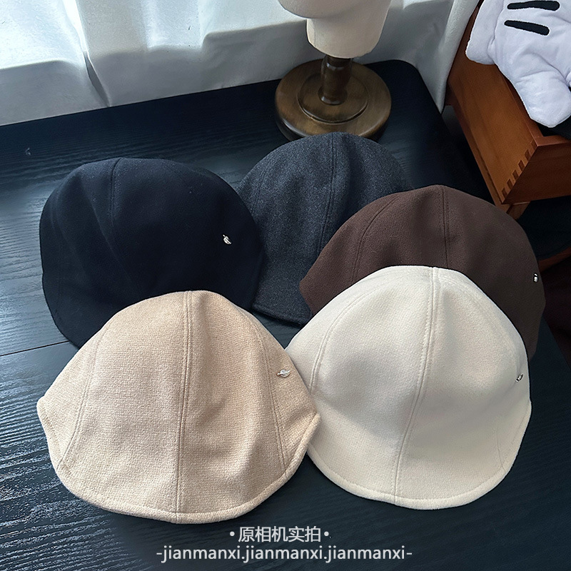 软檐毛呢纯色鸭舌帽子女秋冬时尚显脸小贝雷帽简约百搭保暖前进帽|undefined