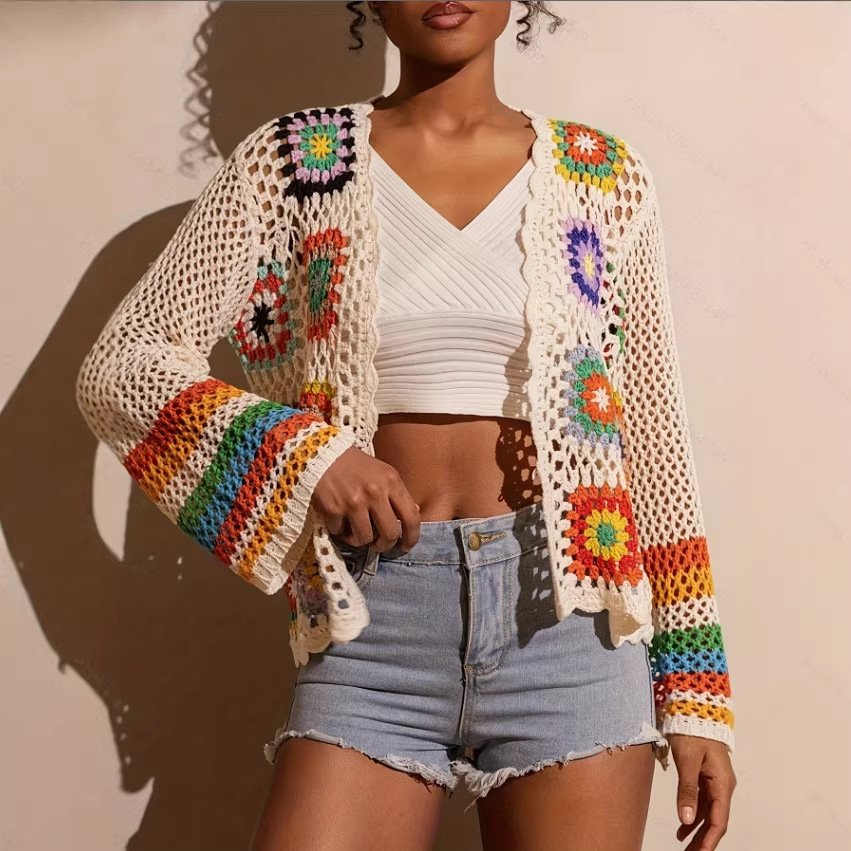 Handmade Crocheted Knitted Cardigan Women's Spring and Autumn New Ethnic Style Vintage Hollow Bohemian Coat Long-sleeved Top