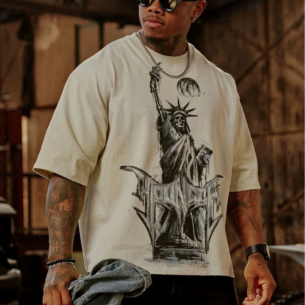 YOUNGLA американский ретро мужская негабаритная футболка уличный хип-хоп свободный бегун с короткими рукавами спортивная фитнес-футболка