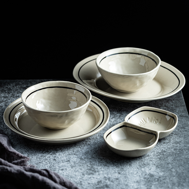 French Stoneware Black Line Tableware Plate Household Dish Plate Ceramic Plate Steak Dinner Plate Round Plate Deep Plate Retro Plate