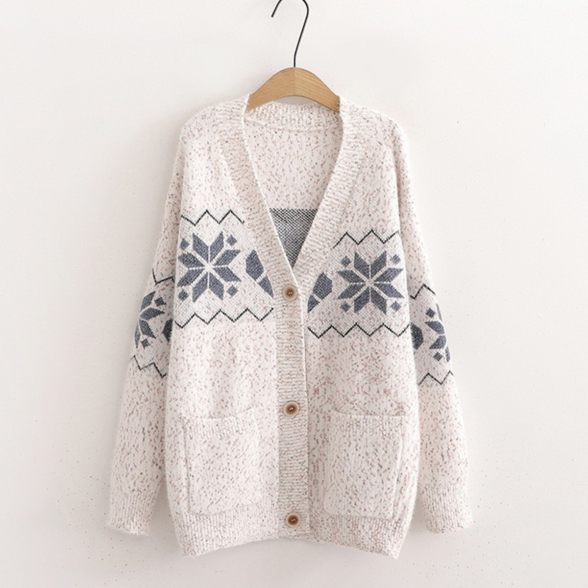 Women's V-Neck Snowflake Jacquard Cardigan – Soft Chenille Knit Sweater With Button Front, Cozy Oversized Pullover For Fall & Winter_voghion.com