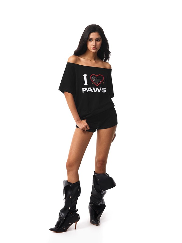 FDR公式ストア「I Love Dogs」ダックスフント アメリカン半袖Tシャツ 男女兼用 夏 カップル 斜め肩トップス|undefined