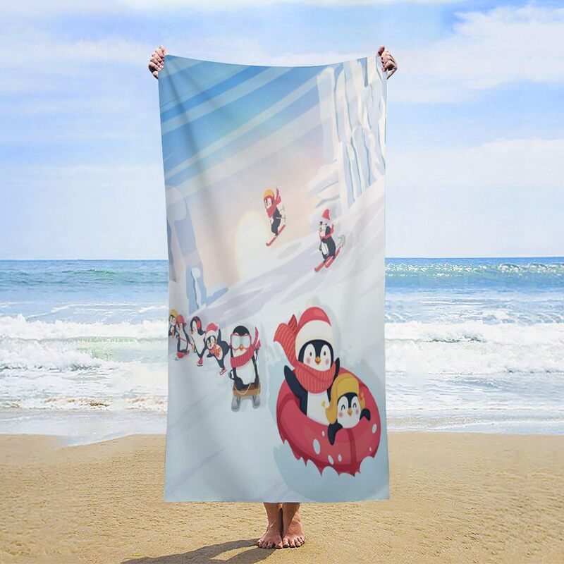 Cute Cartoon Winter Penguin Super Large Beach Swimming Towel Portable Funny Anime Animal Snow Mountain Ski Penguin Towel
