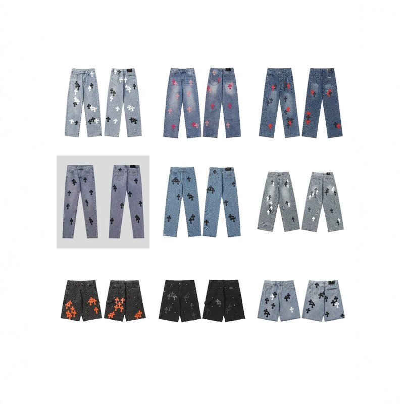 2026 Cross-Border Trendy Brand CH High-End Custom Cross-Pattern Straight-Leg Distressed Heavy-Washed Denim Pants Unisex Collection 2026 Cross-Border Trendy Brand CH High-End Custom Cross-Pattern Straight-Leg Distressed Heavy-Washed Denim Pants Unisex Collection