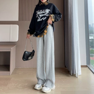 灰色运动裤女小个子休闲直筒卫裤冬加绒香蕉窄版宽松阔腿裤6996F