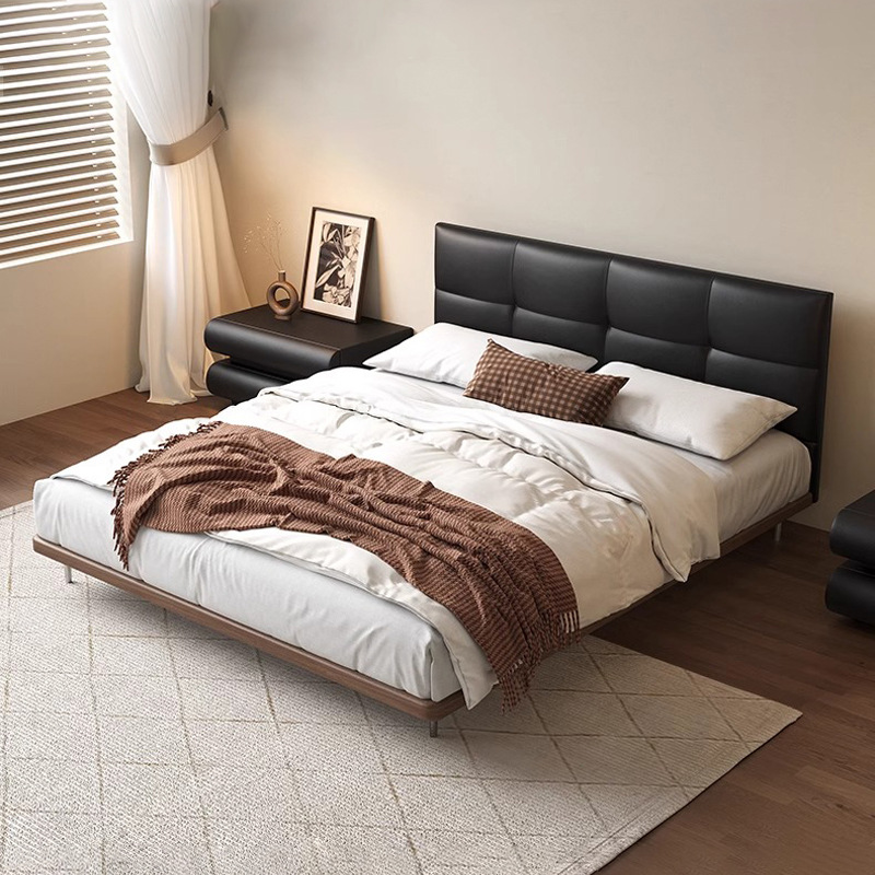 Cama de cuero oscura, cuero de vaca negro, cama doble retro, cama principal, cama queen simple, moderna.