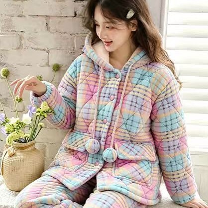 Macaron Plaid Quilted Cotton Pajamas for Women, Winter Hooded Thick Flannel Home Wear Set That Can Be Worn Outside (Hao)