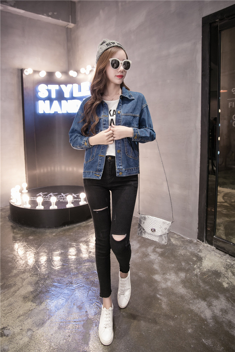 595g Weight Denim Jacket Outerwear Type Long Sleeve Sleeve Length Single Breasted Placket Type Denim Fabric Type Regular Top Length Coat Tops Type Casual, Daily Occasion Turndown, Hooded Neckline Loose Fit Type Color Block Pattern Spring, Autumn Season Women's Gender Printing Design Streetwear Style Women's Streetwear Color Block Printing Single Breasted Coat Denim Jacket 26