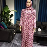 跨境加厚人棉印花头巾阿拉伯女袍拉链蕾丝花边棉碎花长裙abaya