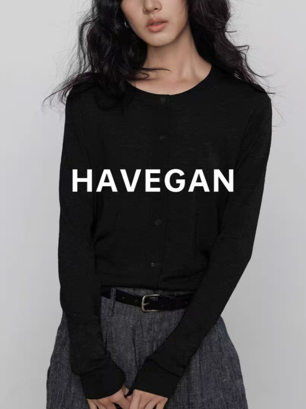 与间HAVEGAN/秋季圆领长袖针织开衫女薄款外穿宽松慵懒老钱风上衣|undefined