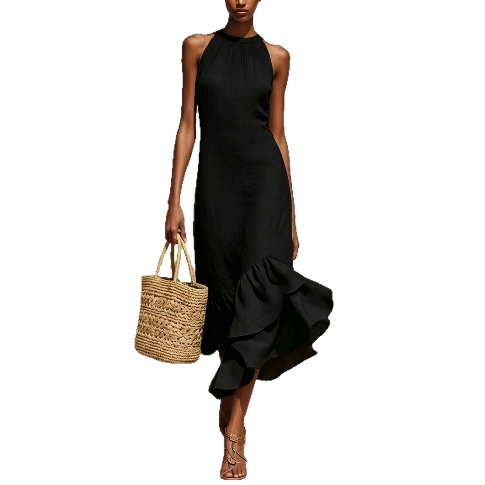 Women's Clothing Summer Women's Elegant Sleeveless Round Neck Ruffle Hem Dress Fashion Style For Formal & Casual For Women_ecoleips.com