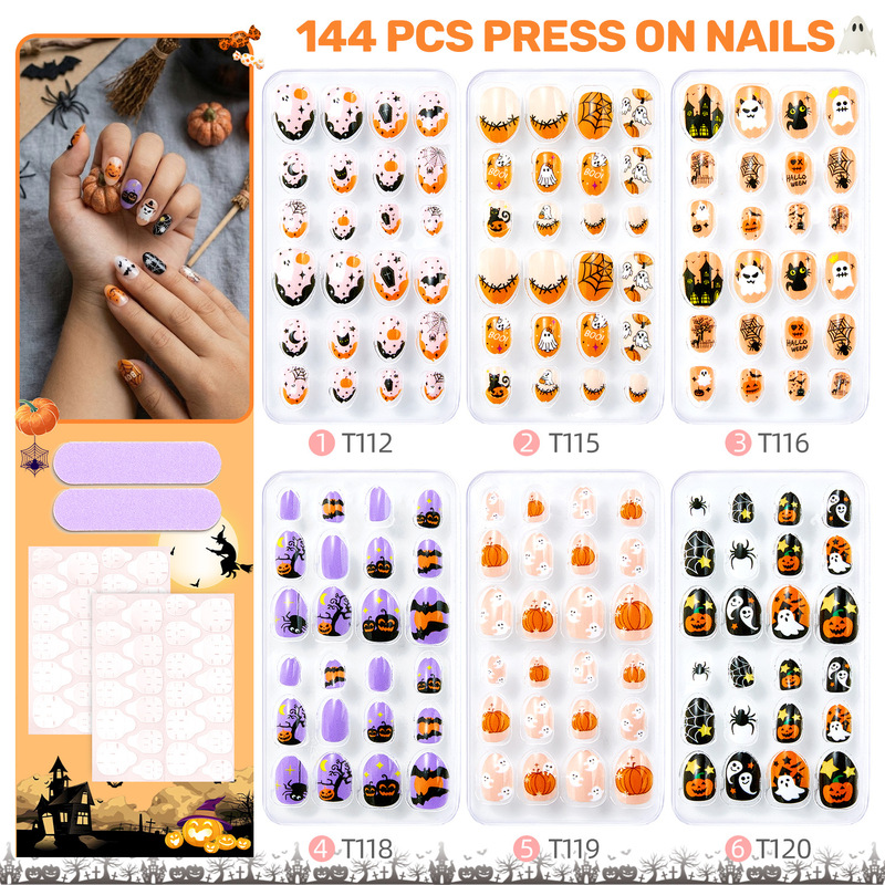 Amazon Halloween Children's Nail Art with Fun Cartoon Pumpkins, Witches, and Bats, Press-On Nails with Self-Adhesive Backing