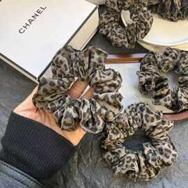 韩版高级布艺豹纹褶皱小肠发圈洋气时髦精扎马尾低丸子头绳发饰