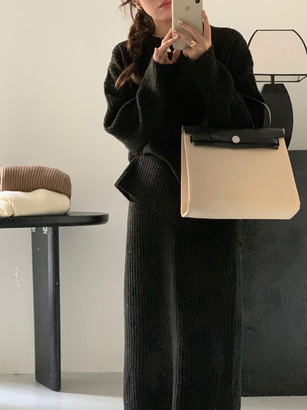 慵懒风宽松圆领毛衣半身裙套装女秋冬季软糯百搭针织衫两件套|undefined