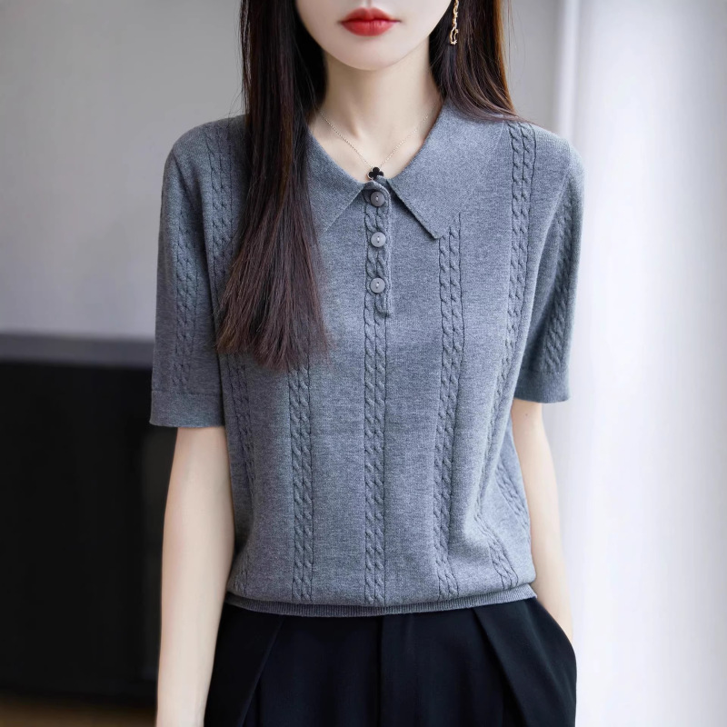Pure Cotton Polo Collar Knitwear Short-Sleeved T-Shirt for Women 2026 Spring and Summer New Style French Style Lapel Short-Sleeved Top for Women