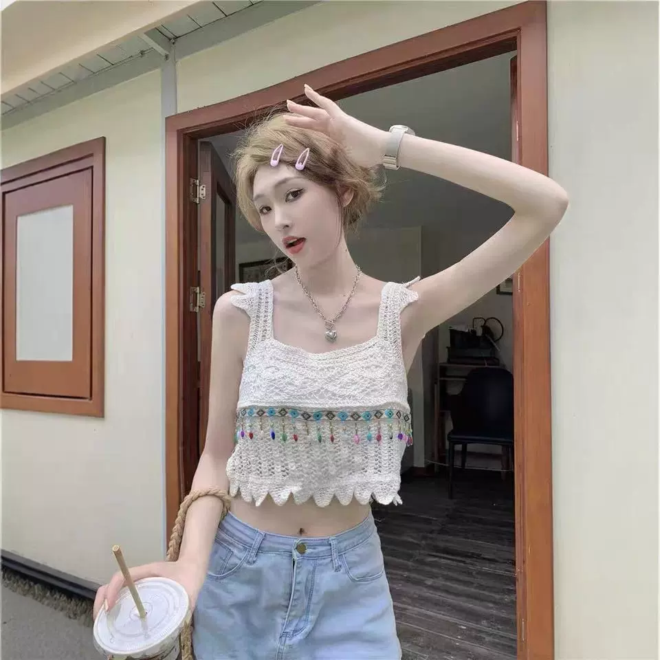 旅游吊带背心细毛线编织外穿民族风镂空钩花短款罩衫无袖上衣宽松