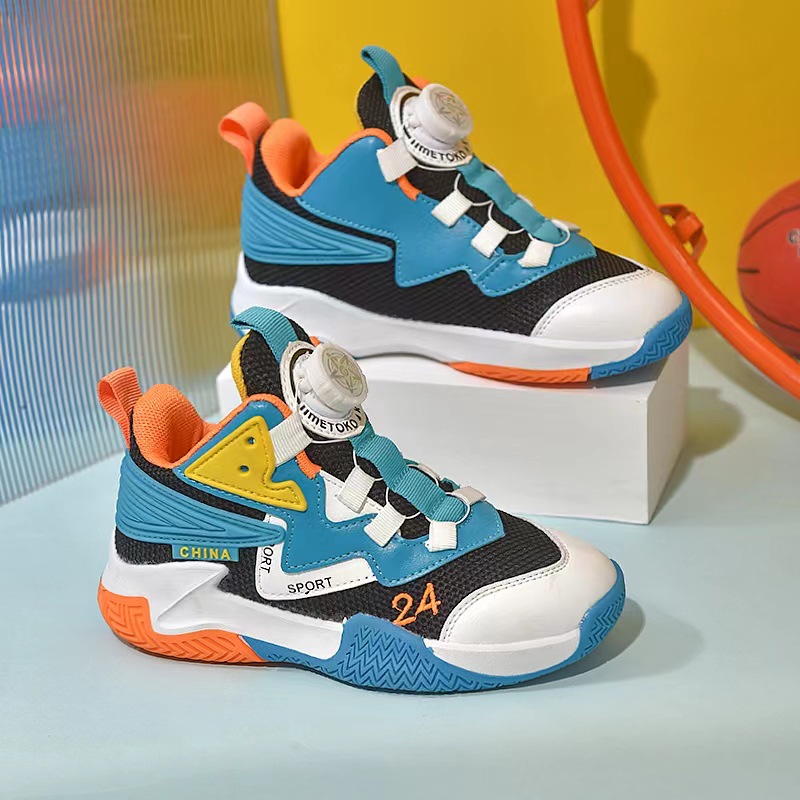 Boys' Sports Shoes, Children's Mesh Non-Slip Rotating Button Basketball Shoes, Cross-Border Popular Outdoor Casual Shoes for Middle and Large Children