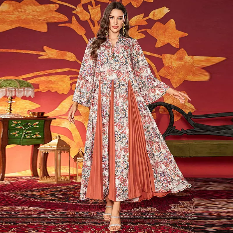 KY1994中东跨境穆斯林时尚印花长袍亚马逊压褶华丽宽松连衣裙礼服