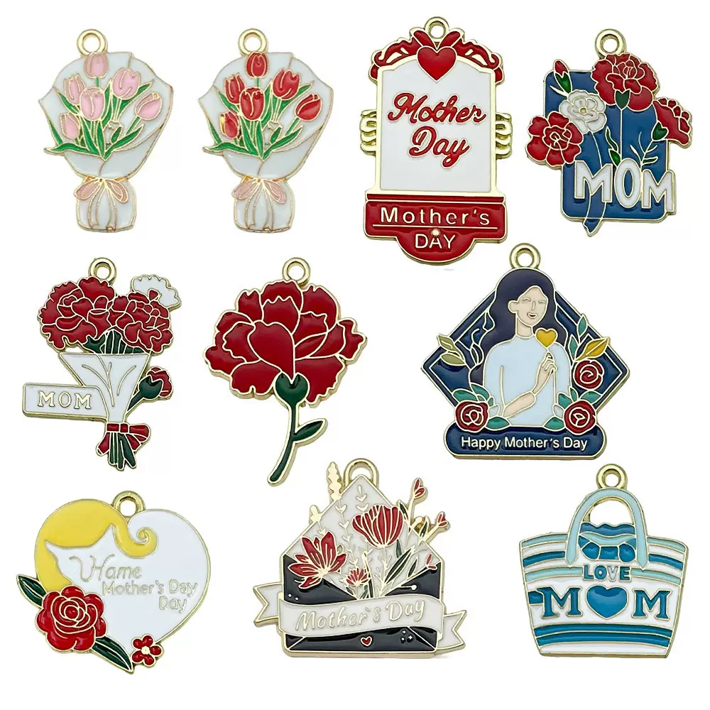 亚马逊母亲节手捧花挂件吊坠康乃馨百合玫瑰花束滴油合金饰品配件