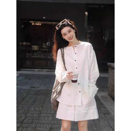 棉麻亚麻女高端套装夏装休闲松弛感白色衬衫时尚衬衣小香风两件套