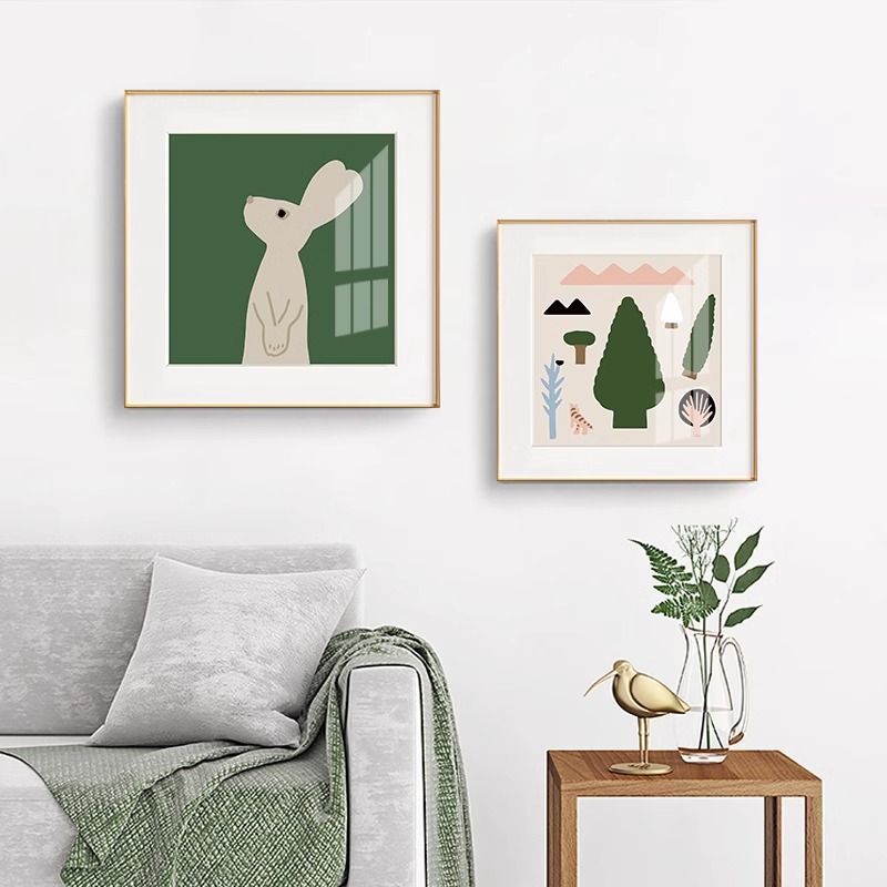 Animal Forest Nordic Children's Room Bedroom Decorative Painting Cartoon Green Rabbit Hanging Painting Cardboard Photo Frame Painting Wall Mural