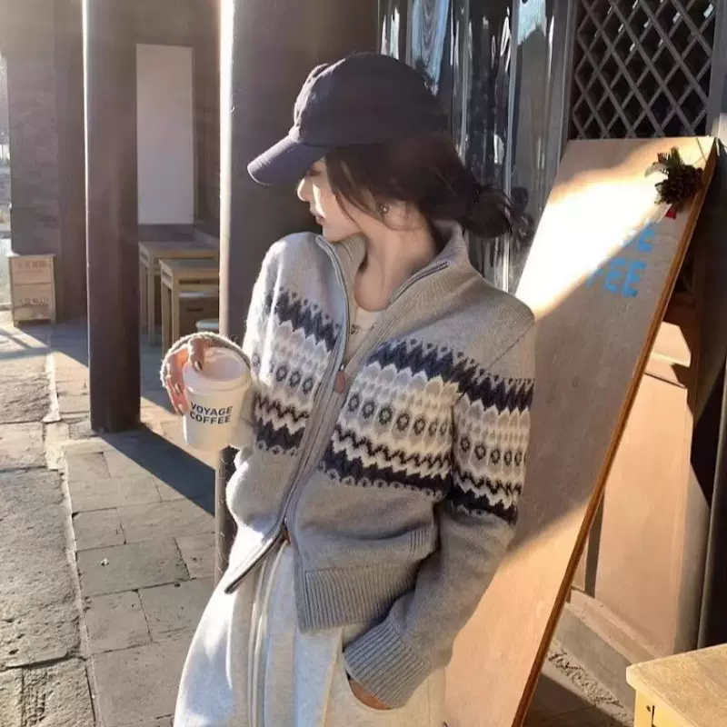 费尔岛100%羊毛开衫女秋冬复古双拉链立领拼色针织衫毛衣外套宽松