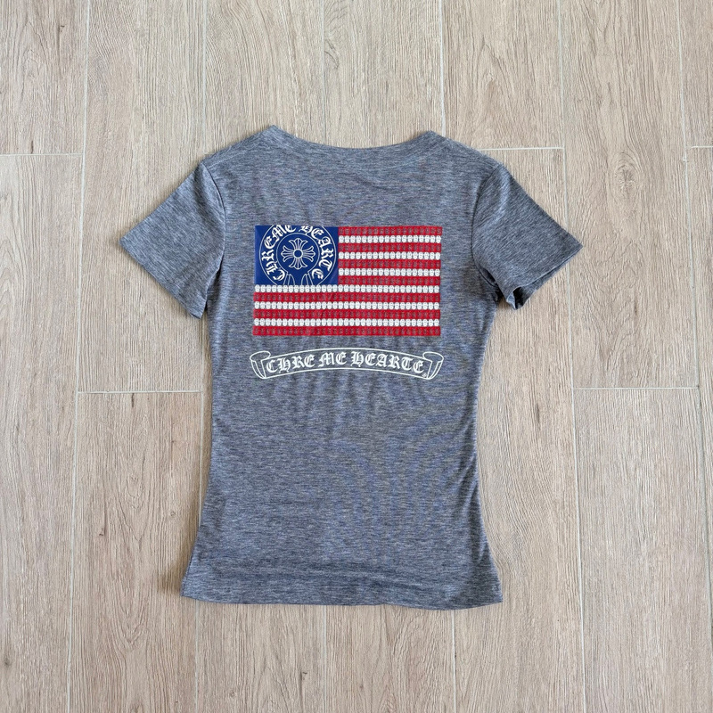【In-Stock High-End Version】Ch Crocodile Popular V-Neck American Flag Limited Edition Slim-Fit Women's Short-Sleeve T-Shirt