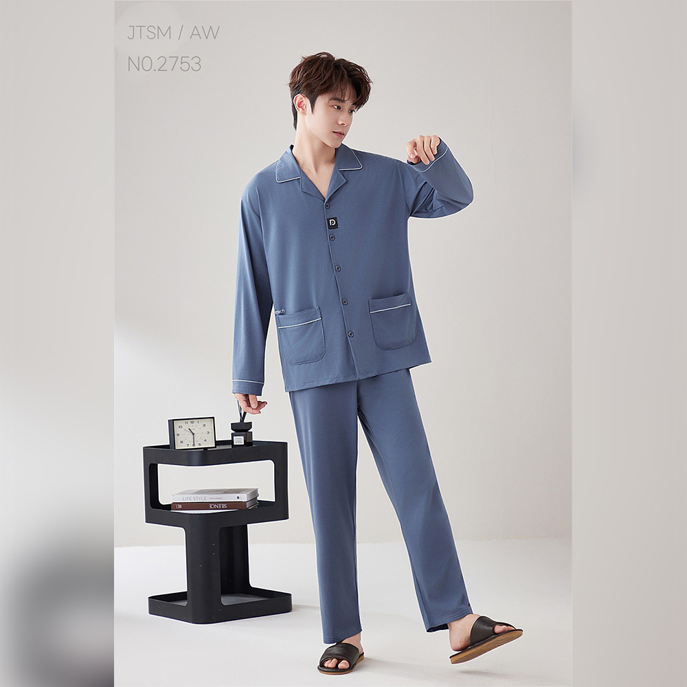 2026 New Model Jia Tai Sleeping Beauty Pure Cotton Lapel Long-Sleeve Long-Pants Set, Comfortable and Breathable, Suitable for Wearing Outside, Men's Loungewear