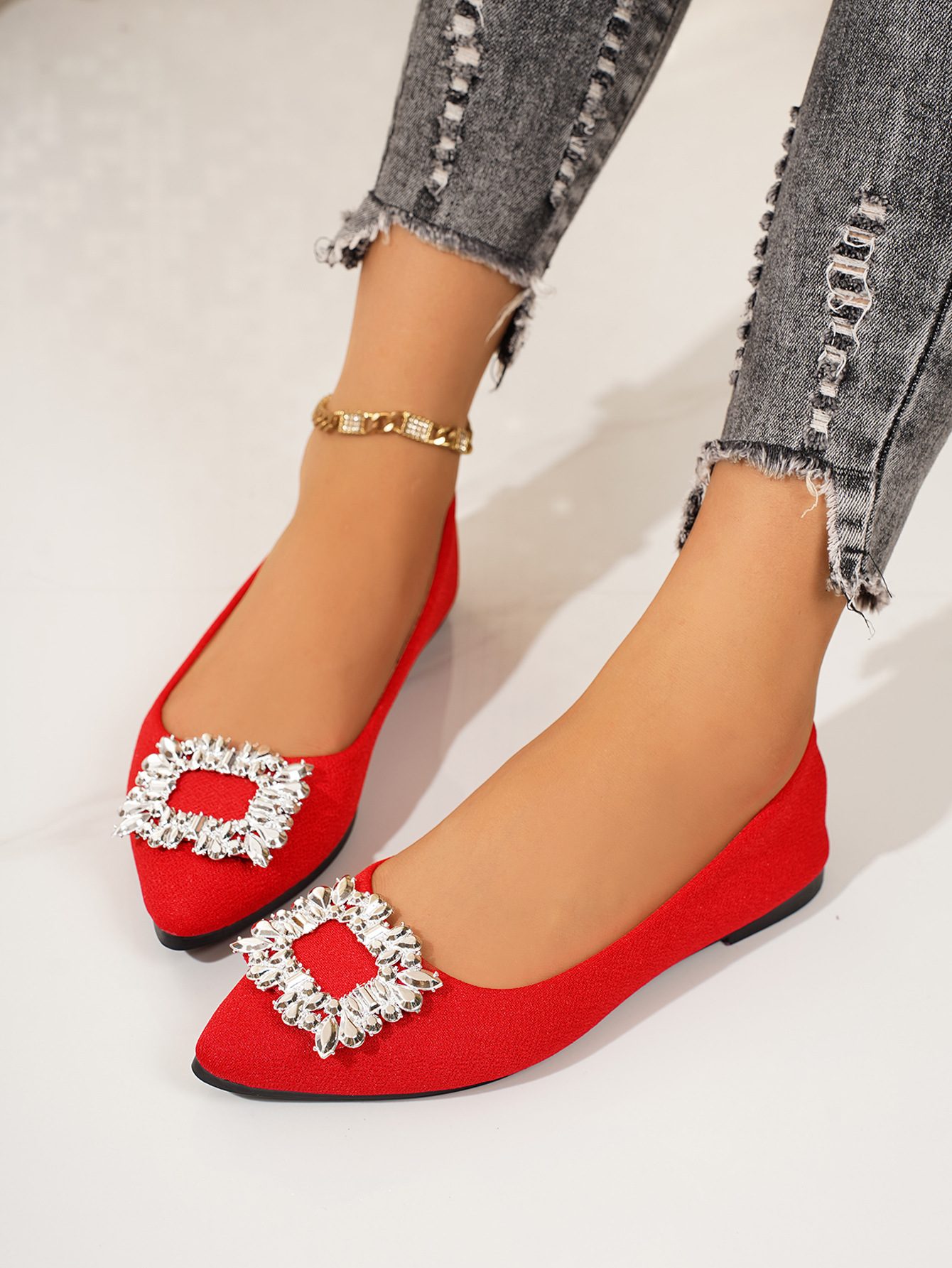 Women's Plus Size Slip-On Flat Shoes Pointed Toe Rhinestone Square Toe Casual Brown PU Spring Season_vogvips.com