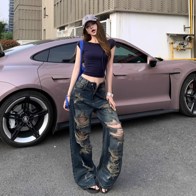 Spring and Summer New American Retro Style Backless Slim-Fit Short-Sleeve T-Shirt Top + Vintage Distressed Ripped Denim Floor-Length Pants