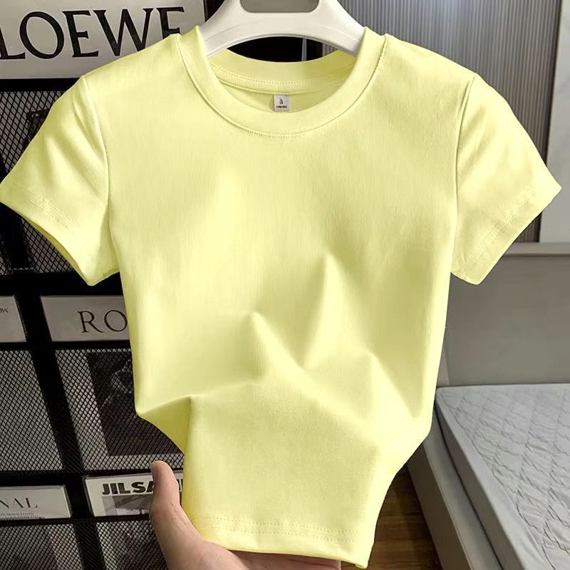 100% Pure Cotton 240g Cream Yellow Regular Shoulder Short-Sleeve T-Shirt for Women, Spring and Summer Sweet and Cool Slim-Fit Inner Top 100% Pure Cotton 240g Cream Yellow Regular Shoulder Short-Sleeve T-Shirt for Women, Spring and Summer Sweet and Cool Slim-Fit Inner Top