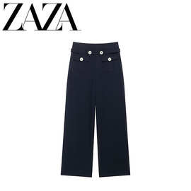 ZAZA 自制欧美风 批发女装 时尚百搭气质 设计感撞色纽扣直筒裤