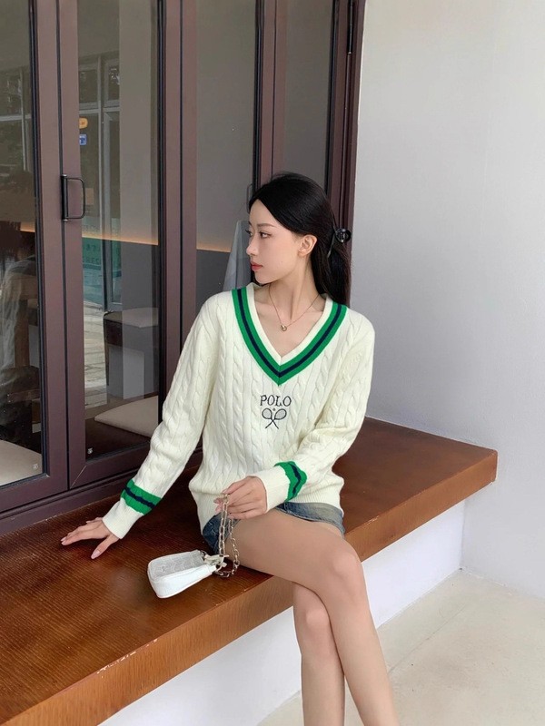 高版本RL拉夫V领撞色毛衣时尚复古联名条纹休闲上衣秋冬男女同款|undefined