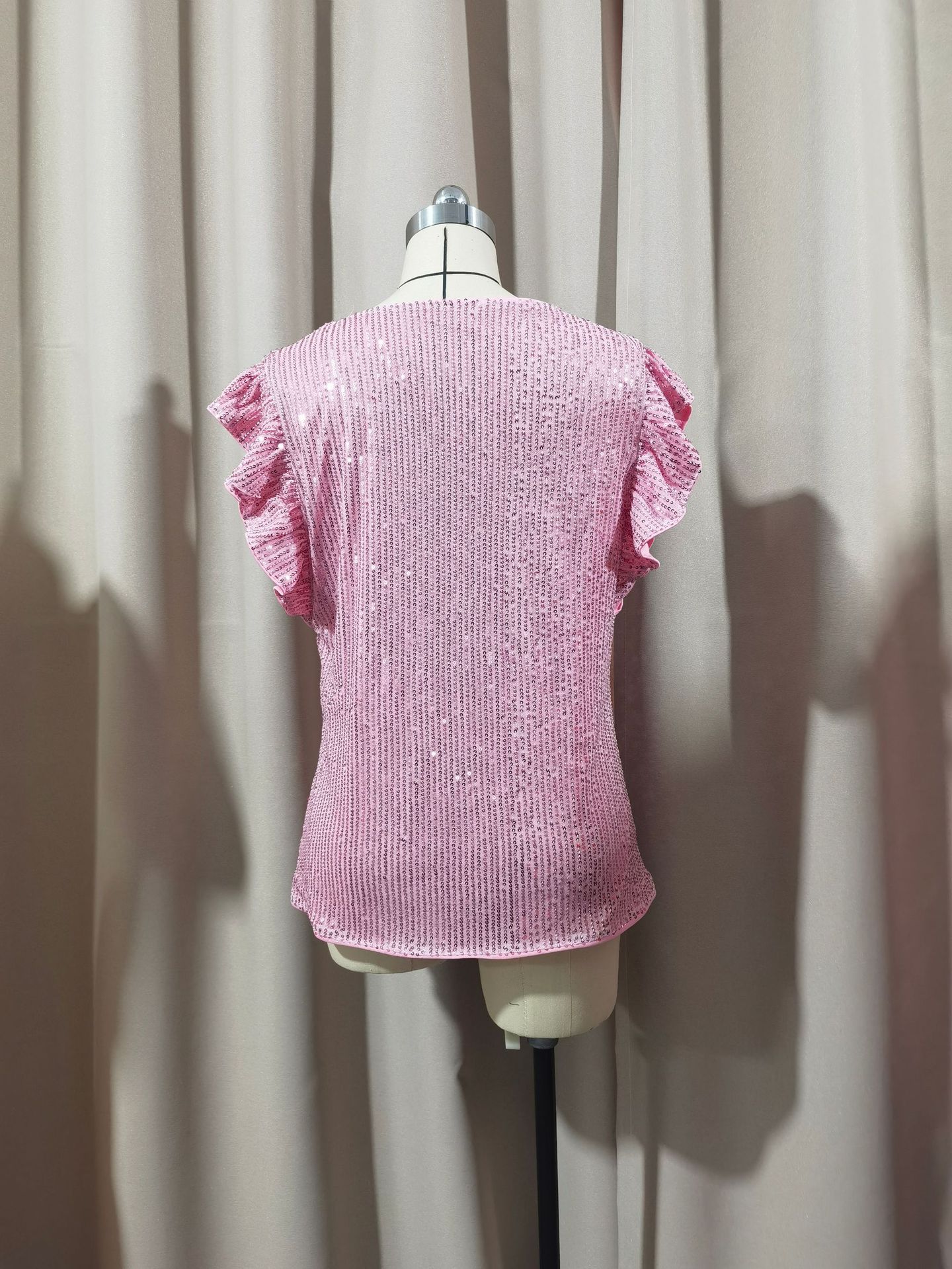 Women's Sexy V Neck Flutter Short Sleeve Sequin Top – Glitter Casual Summer Tee_ecoleips.com