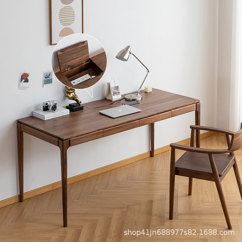 Nordic Solid Wood Desk Cherry Wood with Cable Box Computer Desk Japanese Style Simple Writing Desk Black Walnut Desk