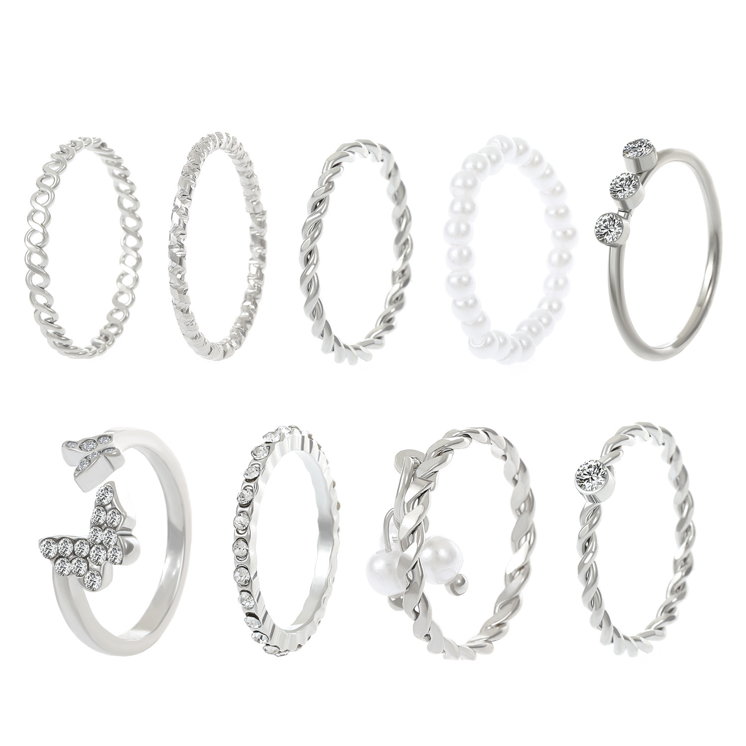 Set Di Anelli Da Donna Con Perle E Zirconi A Farfalla_voghion.com