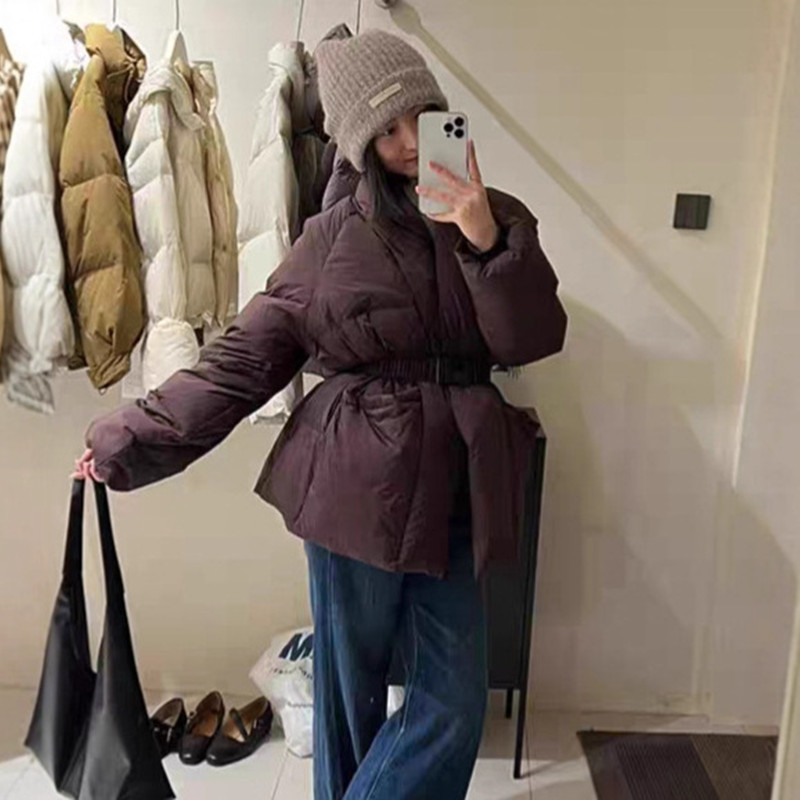 冬季新款中长款羽绒服女V领收腰系带显瘦宽松个性白鸭绒保暖外套|undefined