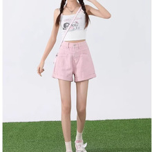 粉色牛仔短裤女高腰夏季薄款宽松显瘦2025新款卷边女士热裤百搭潮