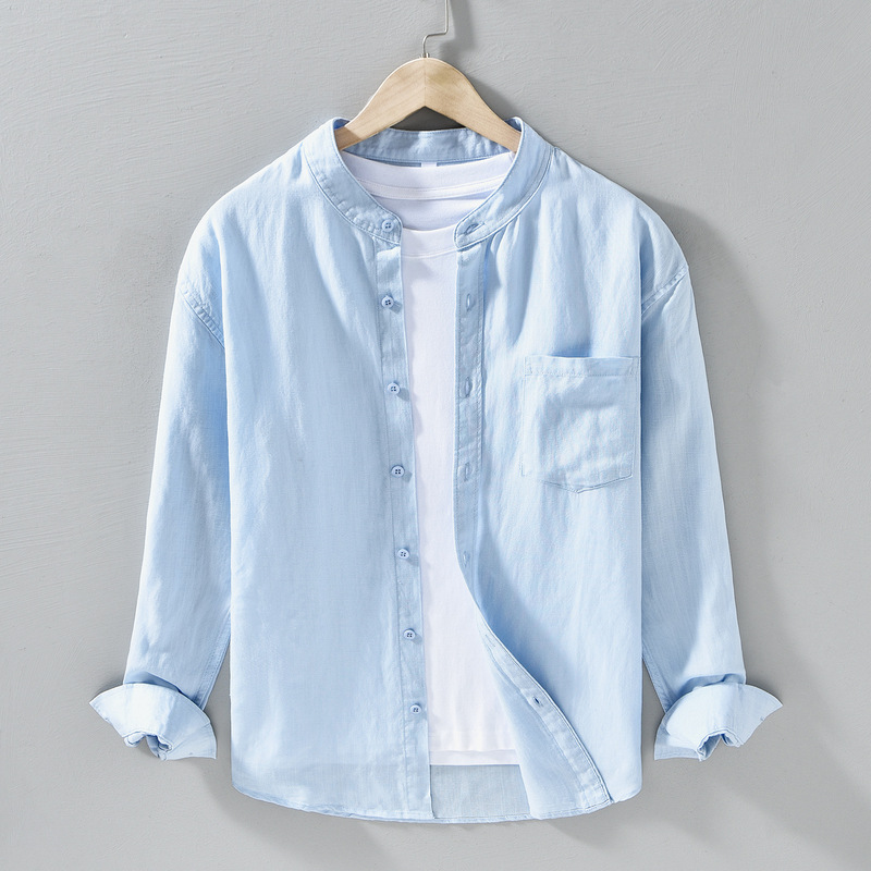 Spring and Summer Thin Tencel Linen Stand-Collar Shirt for Men, Casual Long-Sleeved Loose Lyocell Linen Drapey Shirt 3312