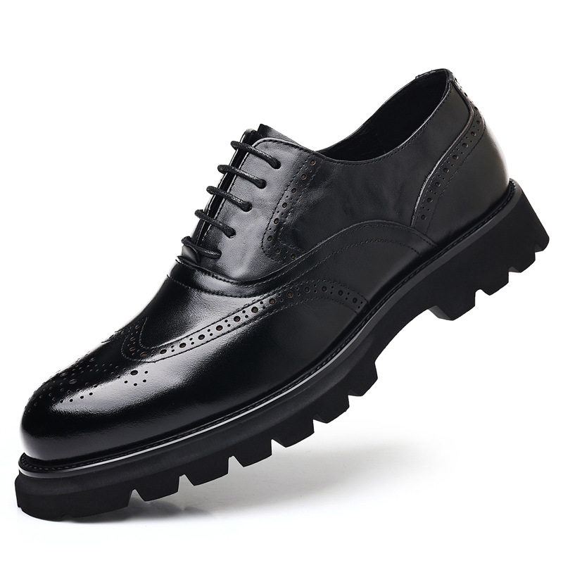 Giày da nam công sở kiểu brogue khắc hoa văn, da bò lớp đầu, đế cao su xốp nhẹ, dây buộc — Màu nâu, màu đen