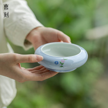 束刻玉泥浅蓝小雏菊怀云水孟建水大号陶瓷茶艺杯子缸茶洗水渣缸