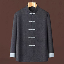 秋冬高端唐装男套装中式复古改良爸爸装中山装羊毛呢爷爷外套加棉