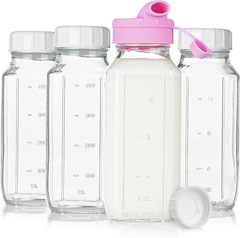 16 オンスの正方形のガラス製ミルクボトル、密封蓋付き、目盛り付きガラス製飲料ボトル 6 個パック