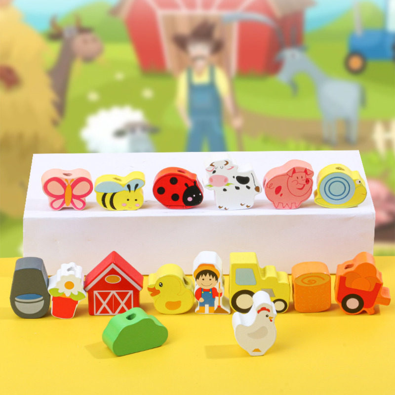 Farm character shape cognition beading wood bead toy blocks 3-5 children's intellectual toy beading wholesale