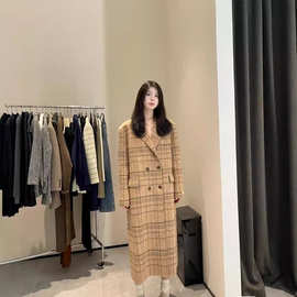 秋冬新款格纹双面羊绒羊驼绒过膝中长款大衣驼色高端呢外套