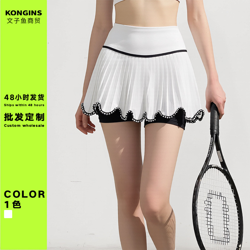 Women's Sports Half-Skirt with Anti-Exposure Design, High-Waisted, Tummy Control, Slimming Effect, Pearl Pleated Yoga Skirt, Tennis Skirt, Running Skirt