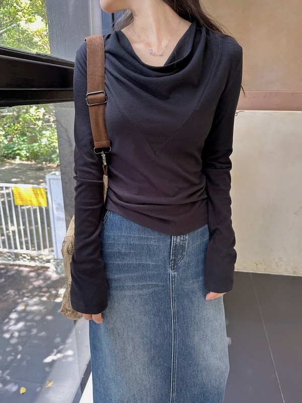 DIGM | 2025秋季极简解构风荡领长袖修身T恤打底衫针织衫女A09266|undefined
