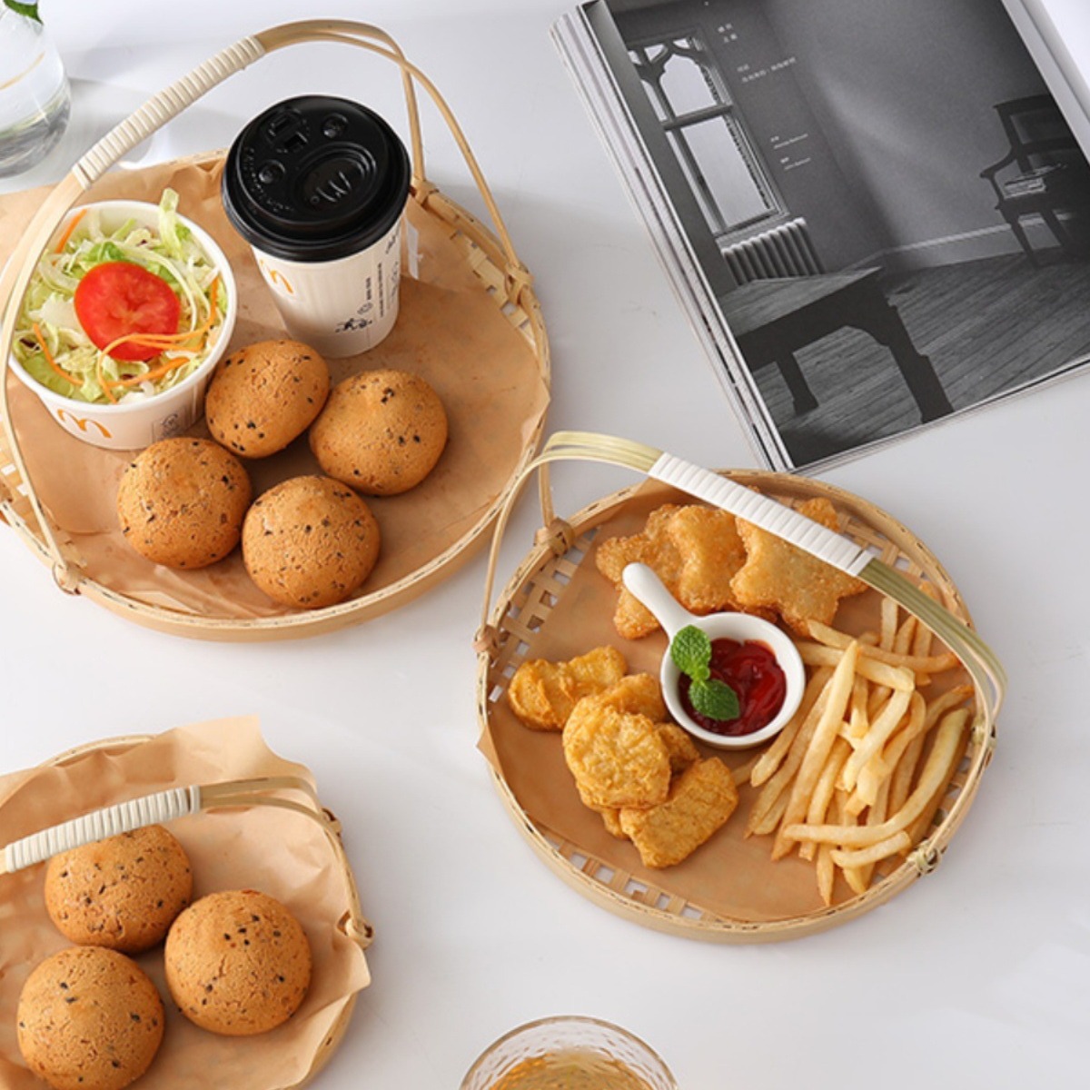 Snacks Cesta de papas fritas azules Cesta de bambú Cesta de dim sum chino Bandeja de bambú Plato frito Plato frito Festival del Medio Otoño Cesta decorativa al por mayor