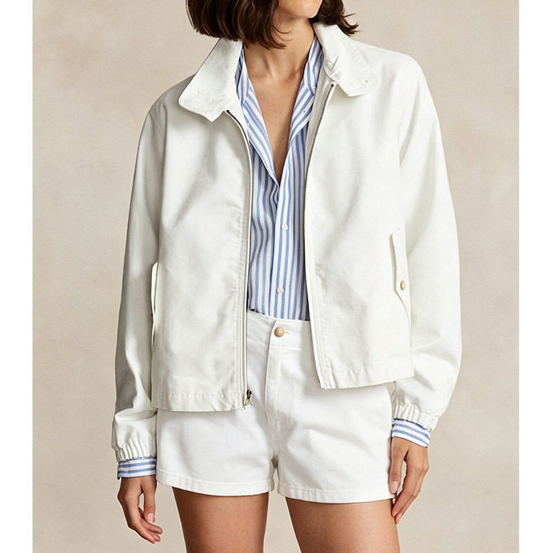 Áo khoác nữ vải canvas cotton dài tay thiết kế thêu họa tiết, khóa kéo, cổ bẻ — Giặt trắng